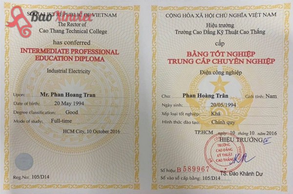 Mẫu bằng tốt nghiệp trung cấp chuyên nghiệp ngành Điện Công Nghiệp
