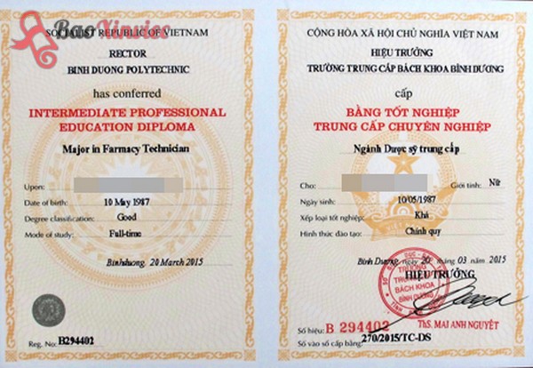 Mẫu bằng tốt nghiệp trung cấp chuyên nghiệp ngành Dược Sỹ