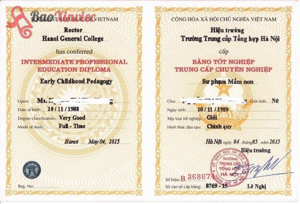 Mẫu bằng tốt nghiệp trung cấp chuyên nghiệp ngành Sư Phạm Mầm Non