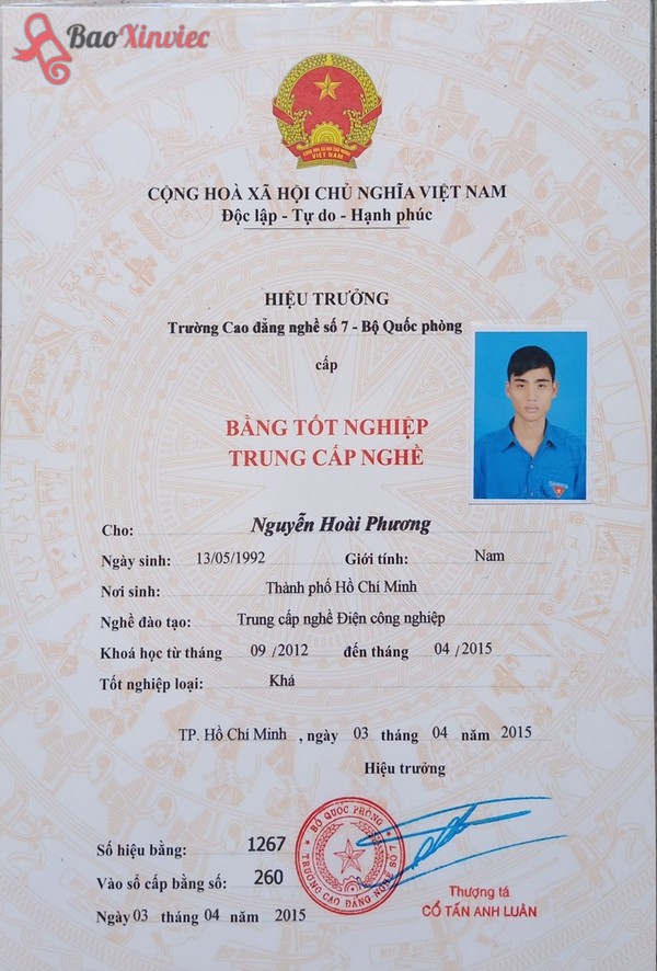 Mẫu bằng trung cấp nghề Điện Công Nghiệp