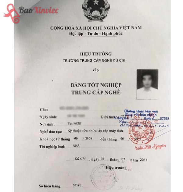 Bản công chứng các bạn sẽ nhận được khi làm bằng trung cáp nghề