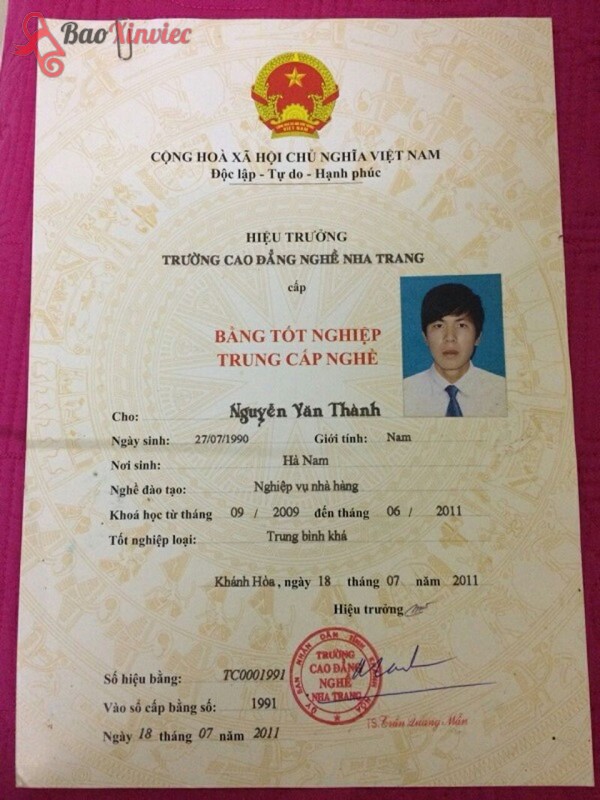 Mẫu bằng trung cấp nghề Nghiệp Vụ Nhà Hàng