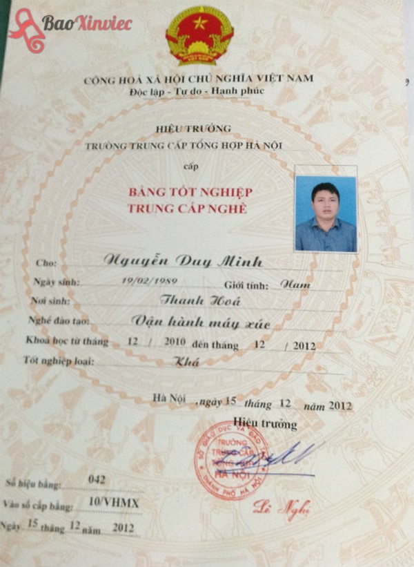 mẫu bằng trung cấp nghề vận hành máy xúc tại Bao XIn Việc