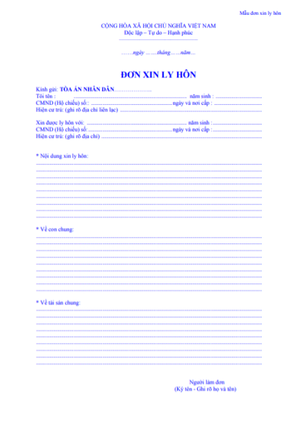 Mẫu đơn xin ly hôn đơn phương